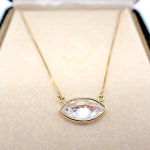 14K Gold Marquis CZ Bezel Necklace Zales Italy 14" Box Chain Vintage Eye Pendant